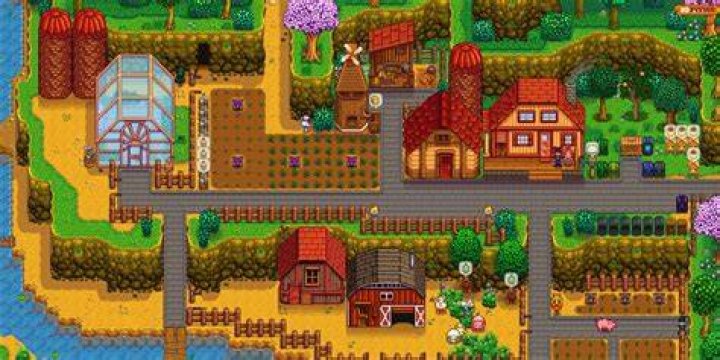 A farm in Stardew Valley