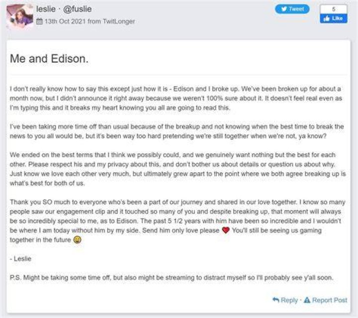 Edison park Twitlonger Fuslie breakup