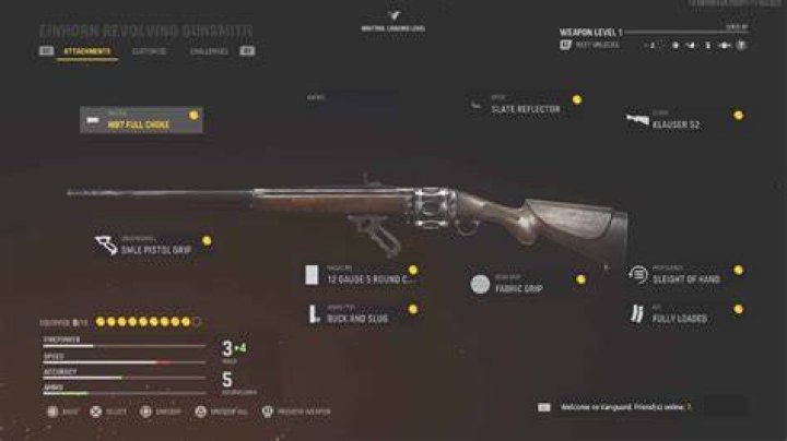 Einhorn Revolving class loadout in Vanguard - featuring the SMLE pistol grip, Muzzle choke, Buck and Slug rounds, plus more.