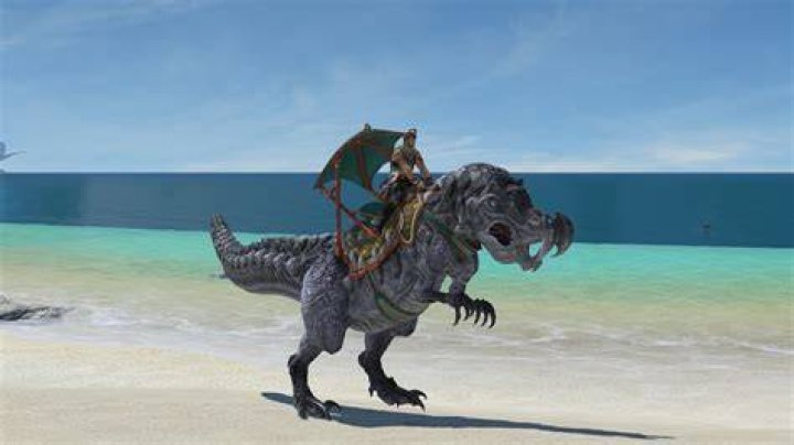 final fantasy xiv ffxiv vinegaroon dinosaur stands in cave