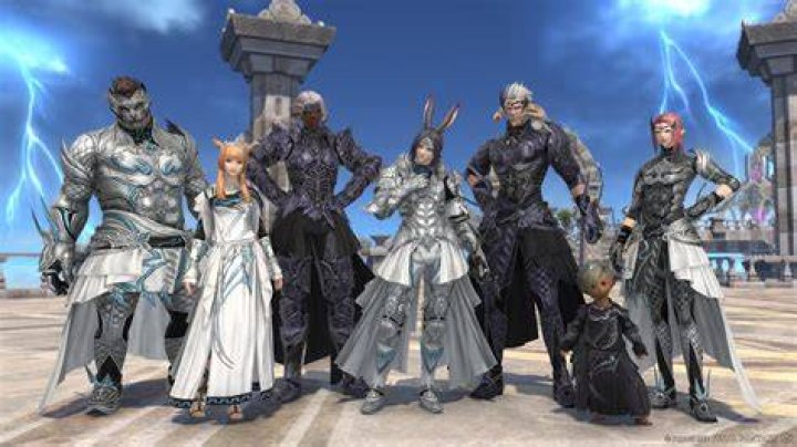 final fantasy xiv online boy with black hair and cat ears stands next to a girl in white with silver hair