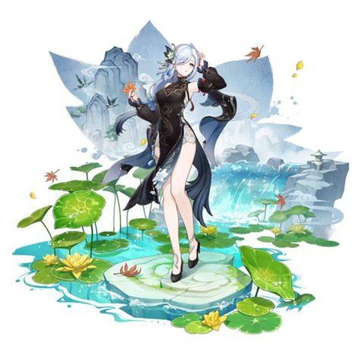 Genshin Impact Shenhe standing in a field