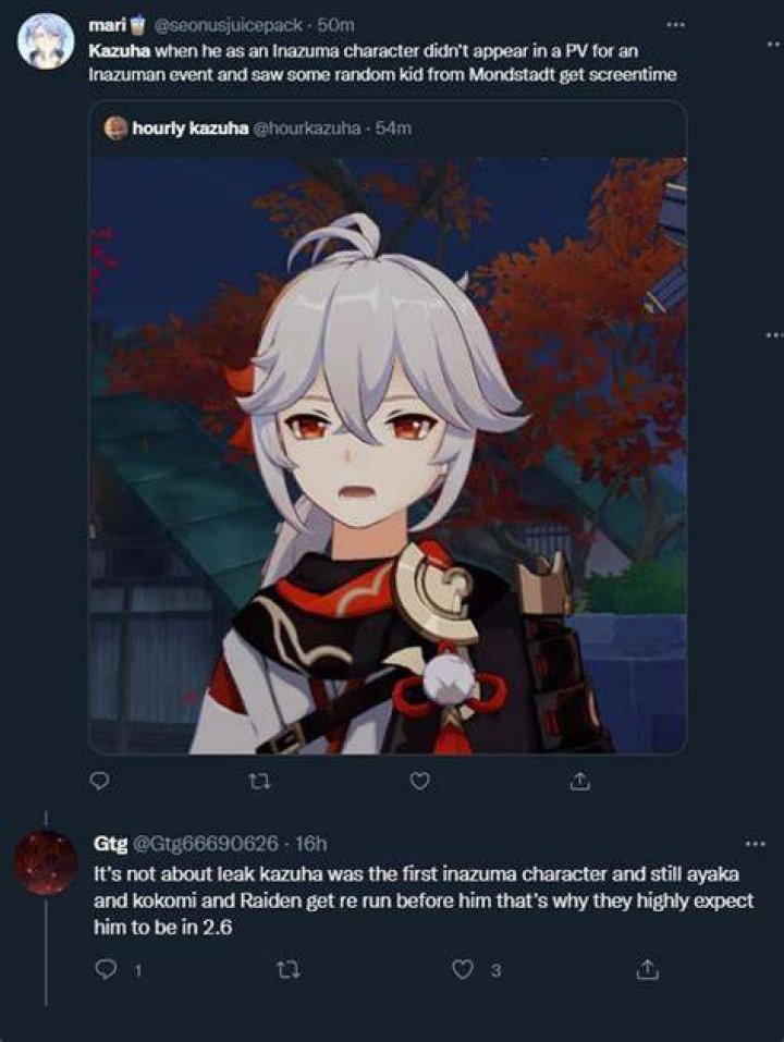 Kazuha fans are disappointed in Genshin Impact venti rerun Twitter comments screenshot.
