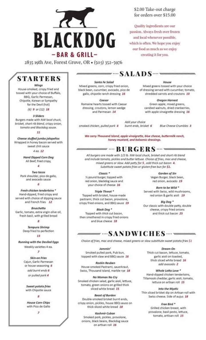 Online Menu of Black Dog Tavern, Bellville, OH