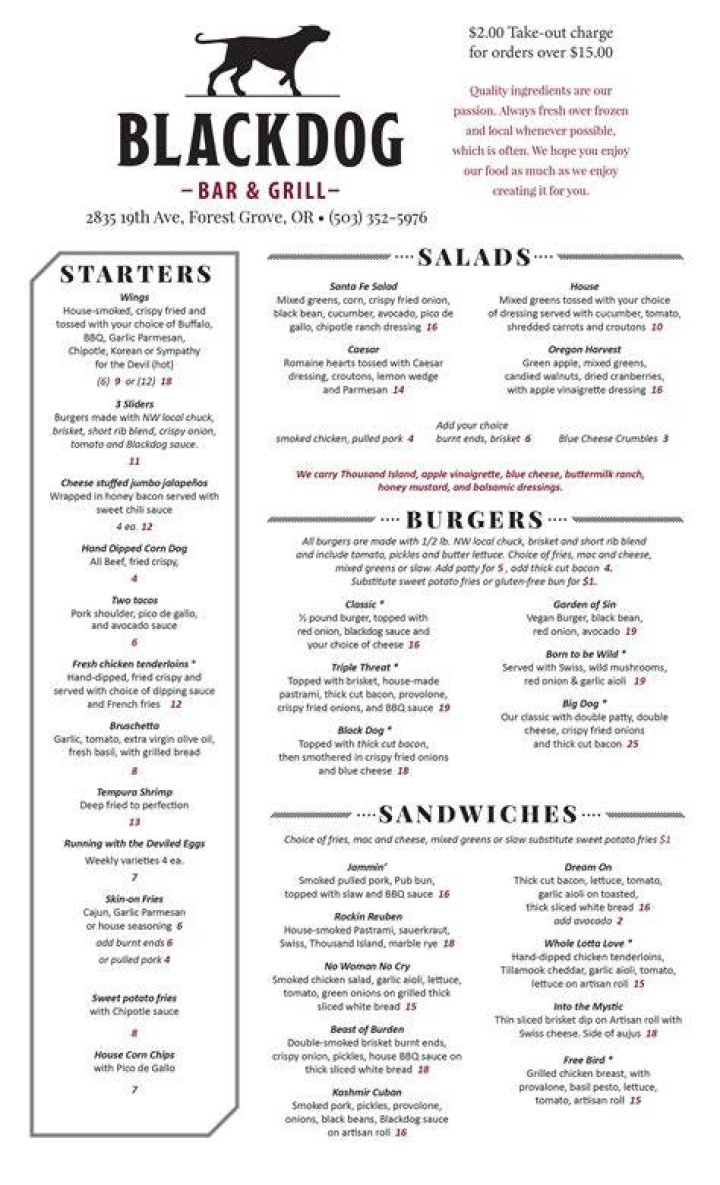 The Black Dog Pub menu in Scarborough, Ontario, Canada